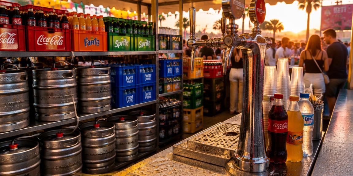 Barras de festival con barriles de cerveza, refrescos y agua
