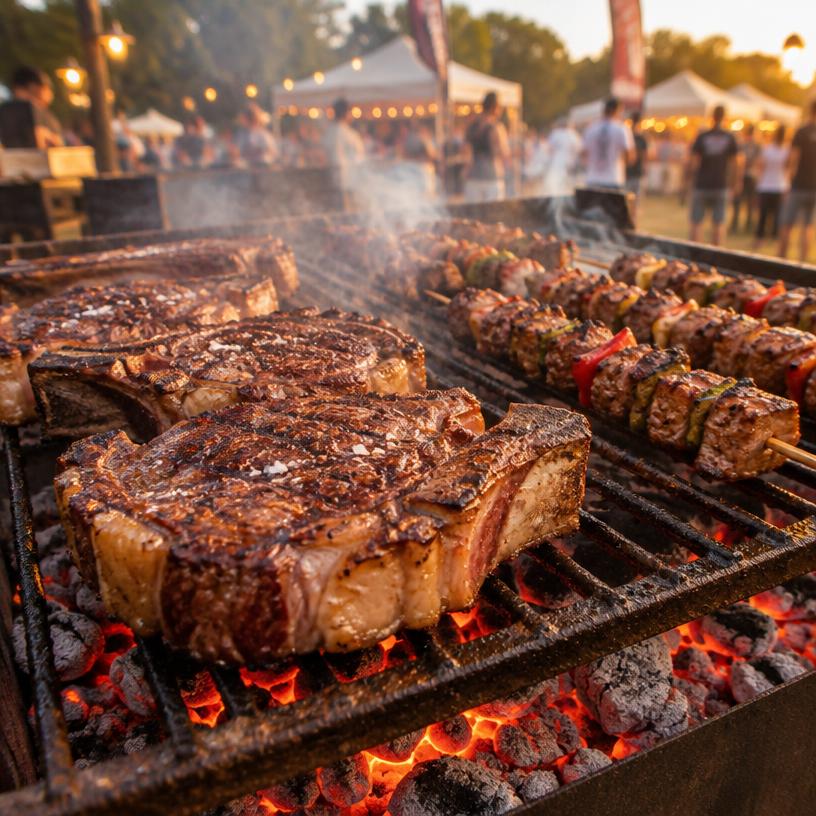 Chuletón y pinchos de carne en la parrilla de carbón