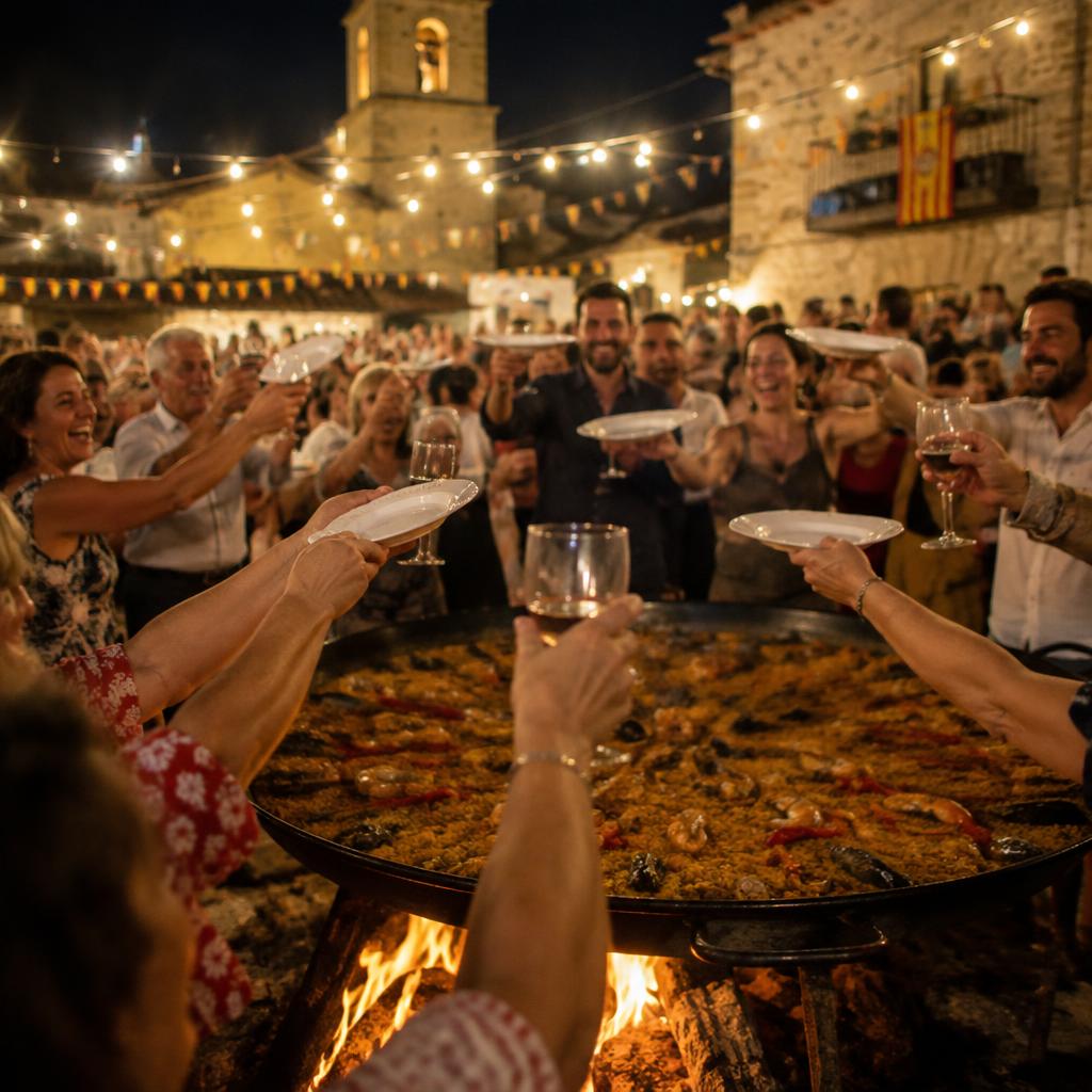 Vecinos levantando platos y vasos hacia la paellera en una fiesta de pueblo