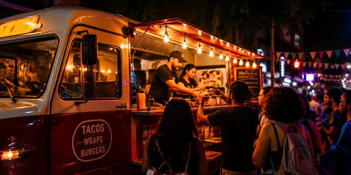 Food truck de noche sirviendo wraps, tacos y hamburguesas