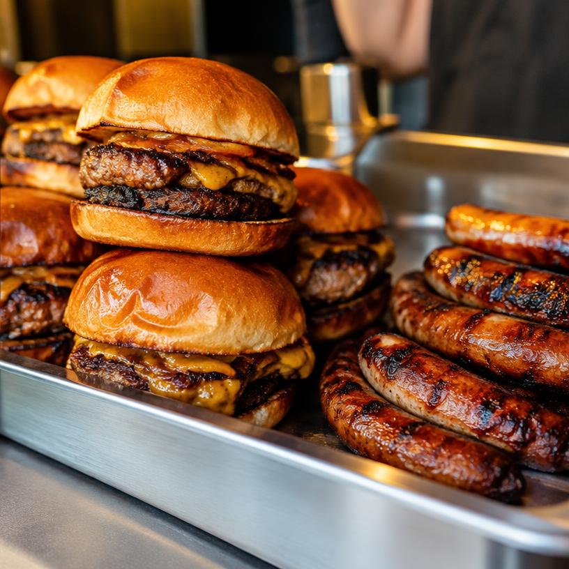 Hamburguesas y salchichas recién hechas en bandeja metálica
