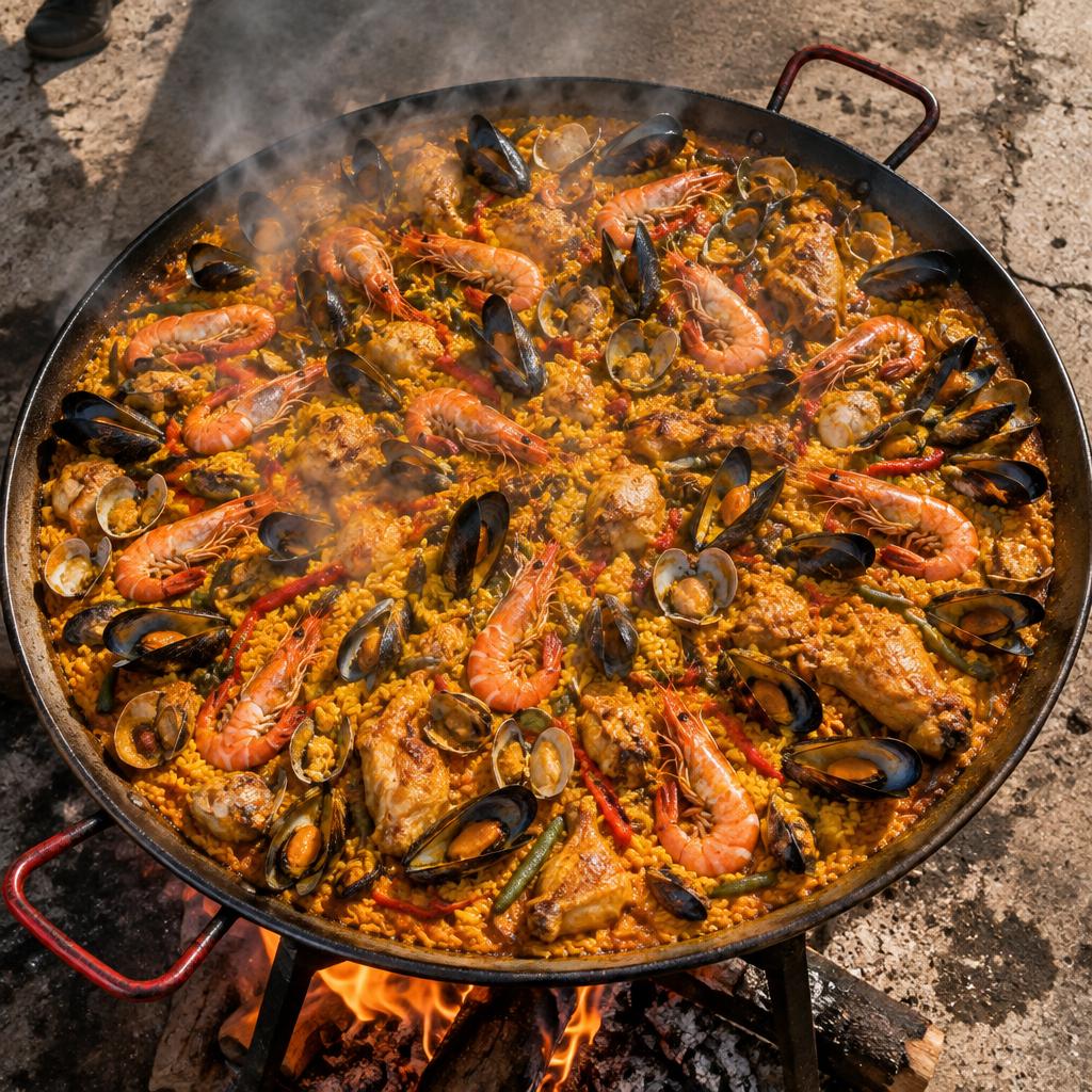 Paellera gigante vista desde arriba con arroz, marisco y pollo